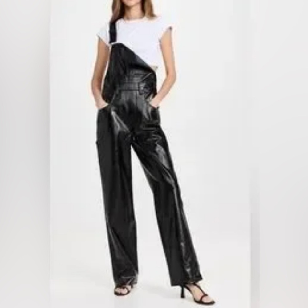 Good American Black Dungarees day 2 nite Trendy overall faux leather overalls 2